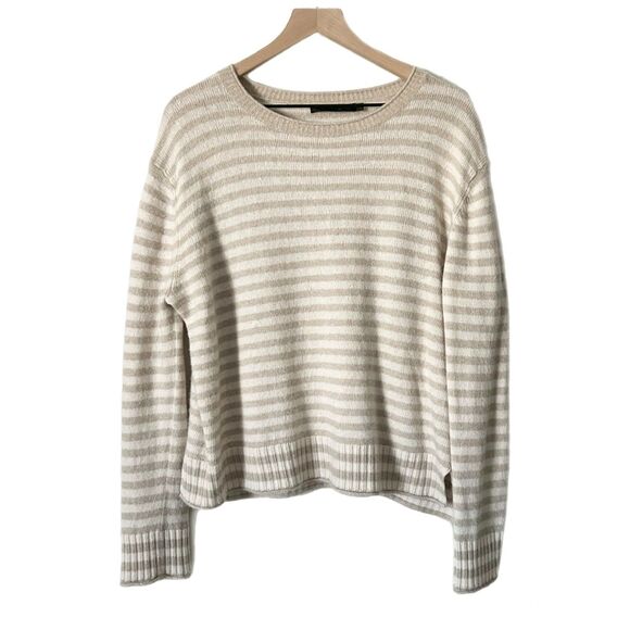 Jenni Kayne Everyday Wool Cashmere Blend Sweater in Stripe Ivory Oatmeal Size XL - Picture 2 of 5